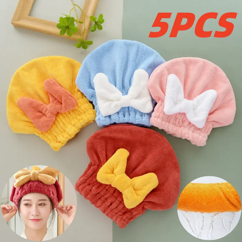 5PCS Dry Hair Cap Wet Hair Quick Dry New Cute Bow Towel Shampoo Cap Shower Cap Ladies Dry Hair Towel Bathroom Shower Accessories