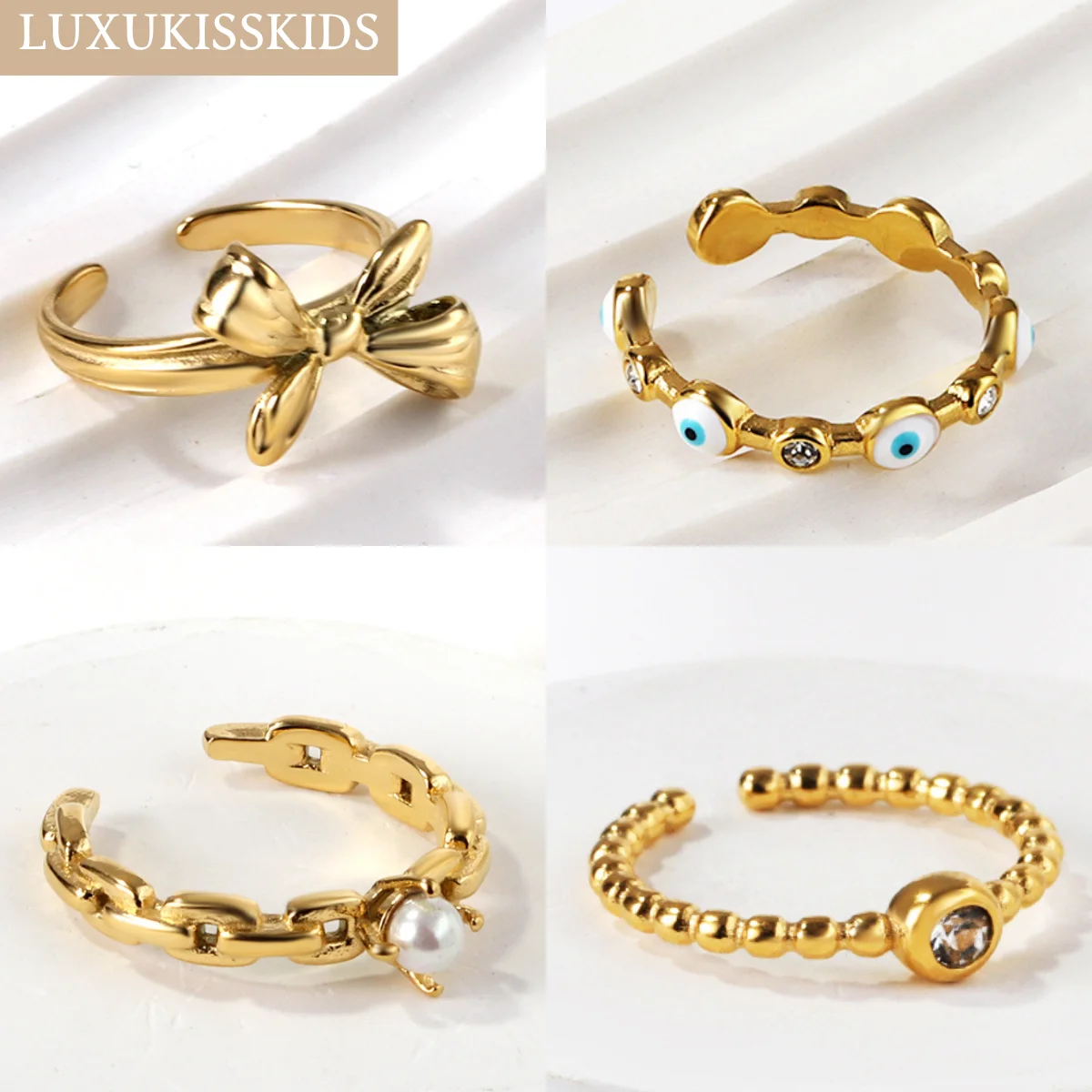 LUXUKISSKIDS Cute Bowknot Cuff Rings Adjustable CZ Rings Blue Eyes Fake Pearl Finger Jewelry 18K Gold-Plated For Women/Girls