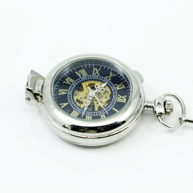 Silver Mechanical Pocket Watch for Men Gifts Fob Chains Skeleton Steampunk Hand-Winding Mechanical Watch PJX1248