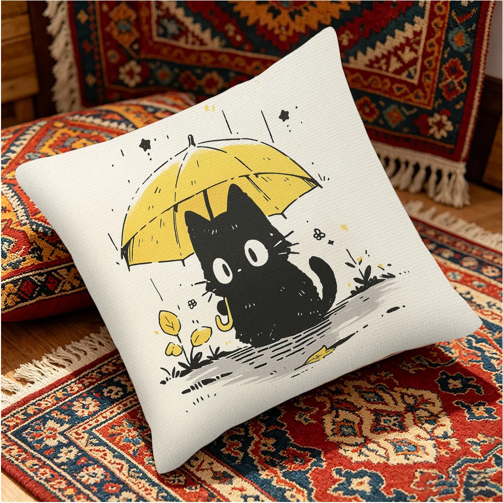 Cute Black Cat Pillowcase, Yellow Umbrella Print Cushion Cover, Rainy Day Kawaii Decor, Cartoon Animal Art Throw Pillow, Home