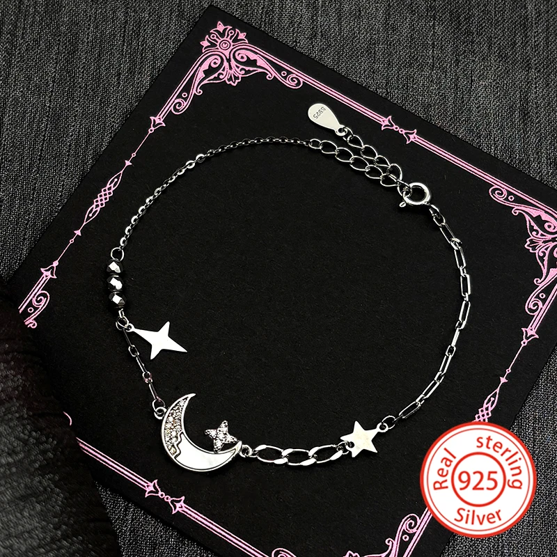 

Luxury 925 Sterling Silver Zircon Moon Star Bracelets For Women Girls Simple Mystical Spiritual Hand Chain Party Jewelry Gifts