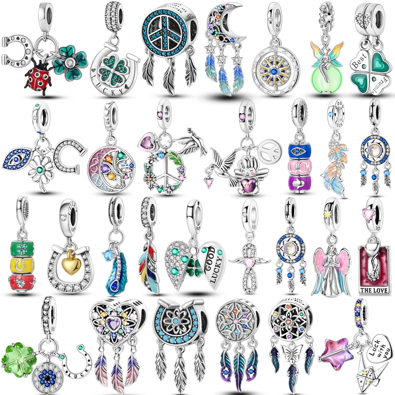 

2025 Charms 925 Sterling Silver Lucky Horseshoe Clover Dreamcatcher Feather Dangle Beads Fit Bracelet Necklace Women DIY Jewelry