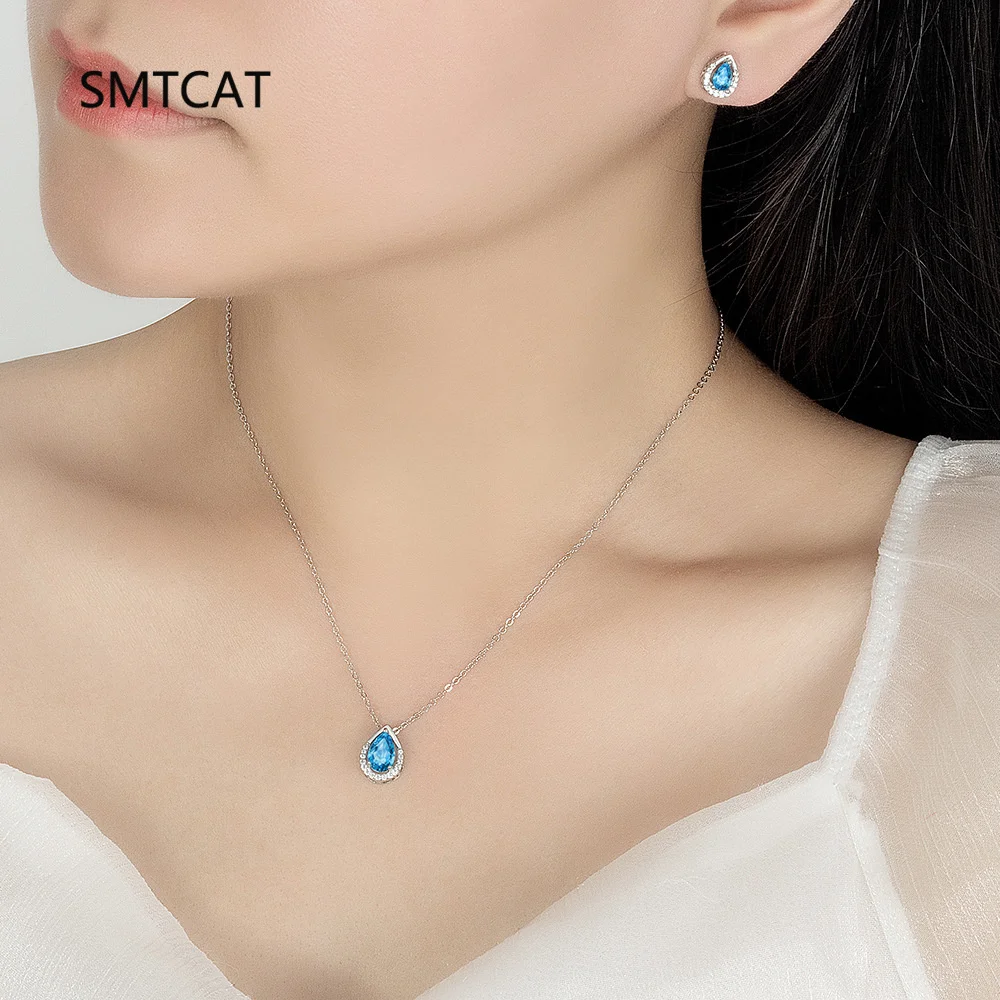 Pear Genuine Natural Blue Topaz 925 Sterling Silver Water Drop Stud Earrings for Women Statement Gemstone Jewelry Brinco Prata
