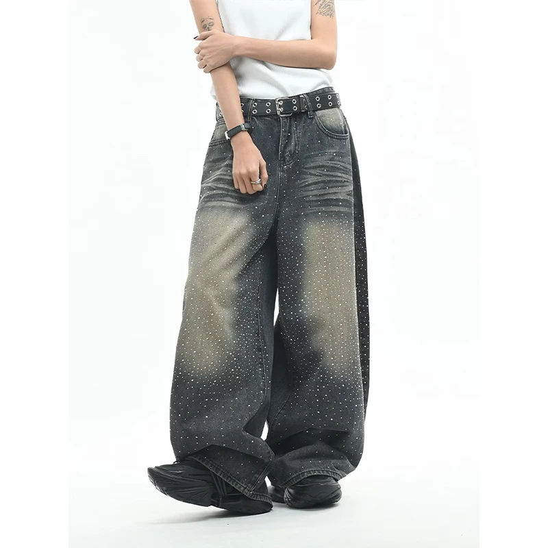 High-quality American-style plus-size retro full-sky rhinestone jeans for Man's  fashion floor-length pants with design sense