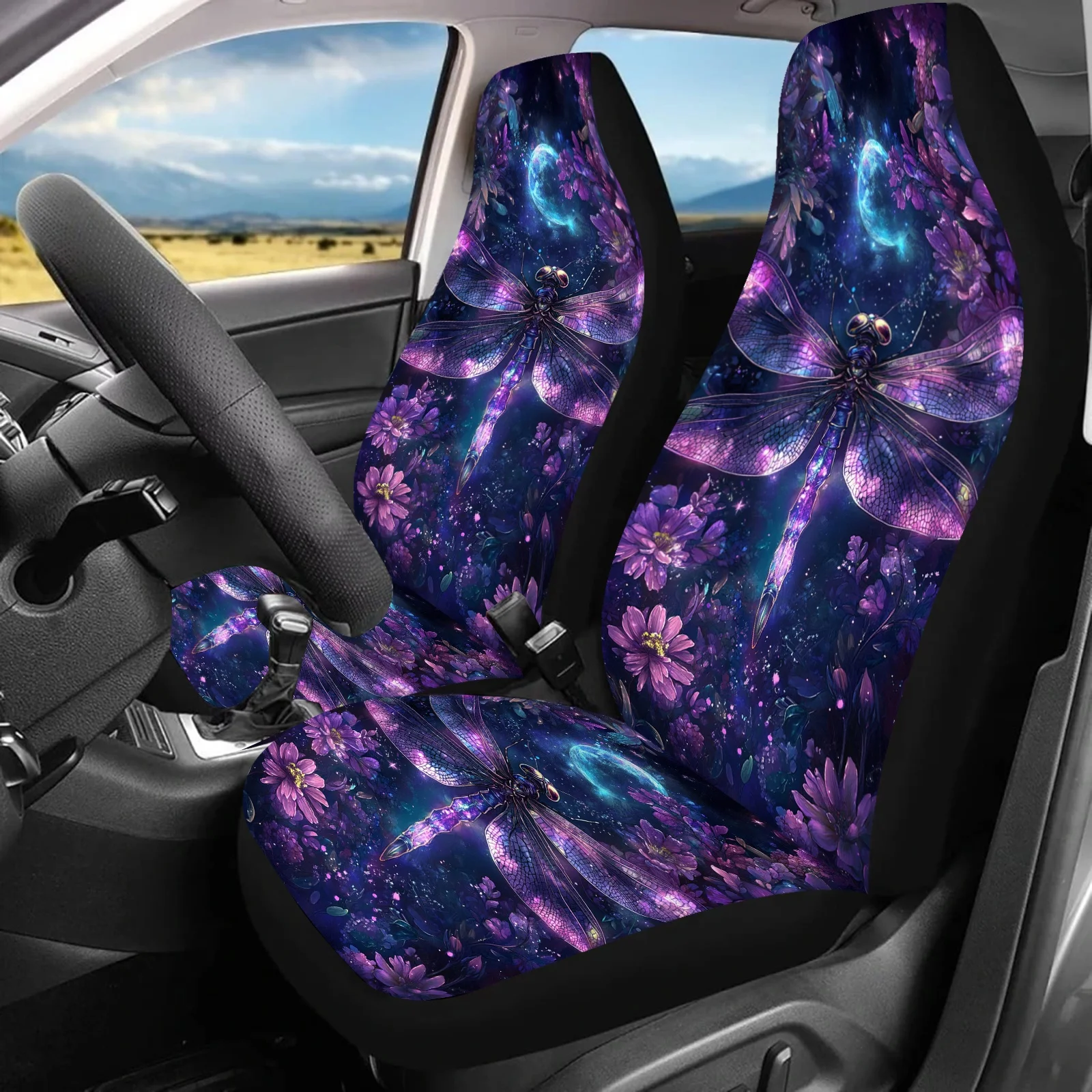 2pcs Vibrant Purple Dragonfly & Floral Car Seat Covers - Non-Woven Fabric, Universal Fit For Sedans, SUVs, Trucks - Perfect Gift