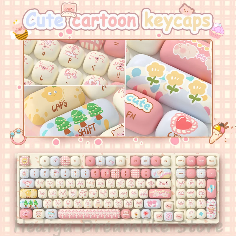 

139-Key Cute Keycaps Cartoon Piggy Theme PBT Dye-sub Full SP Keycap Set Suit Mechanical Keyboards Customized For Kids Girls Gift