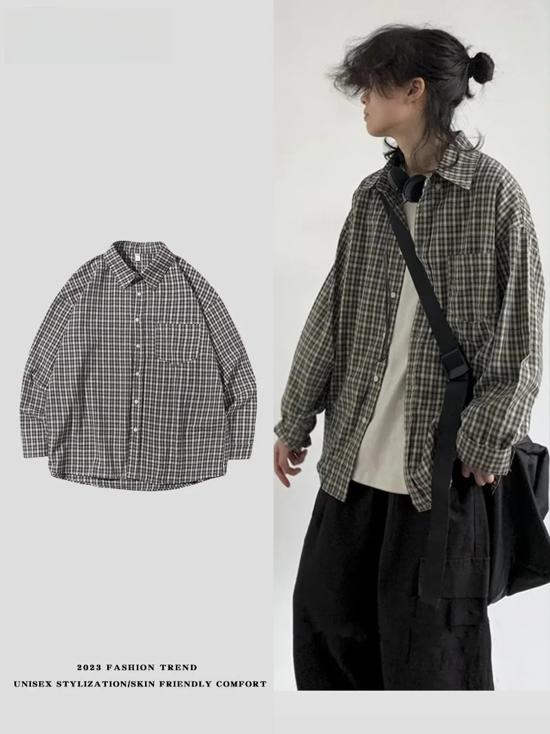 

LPLN Ретро японский Sle Long Sve irt ex Свободный цвет Базовый Cheered Casual irt Модный молодежный хлопок Pol...