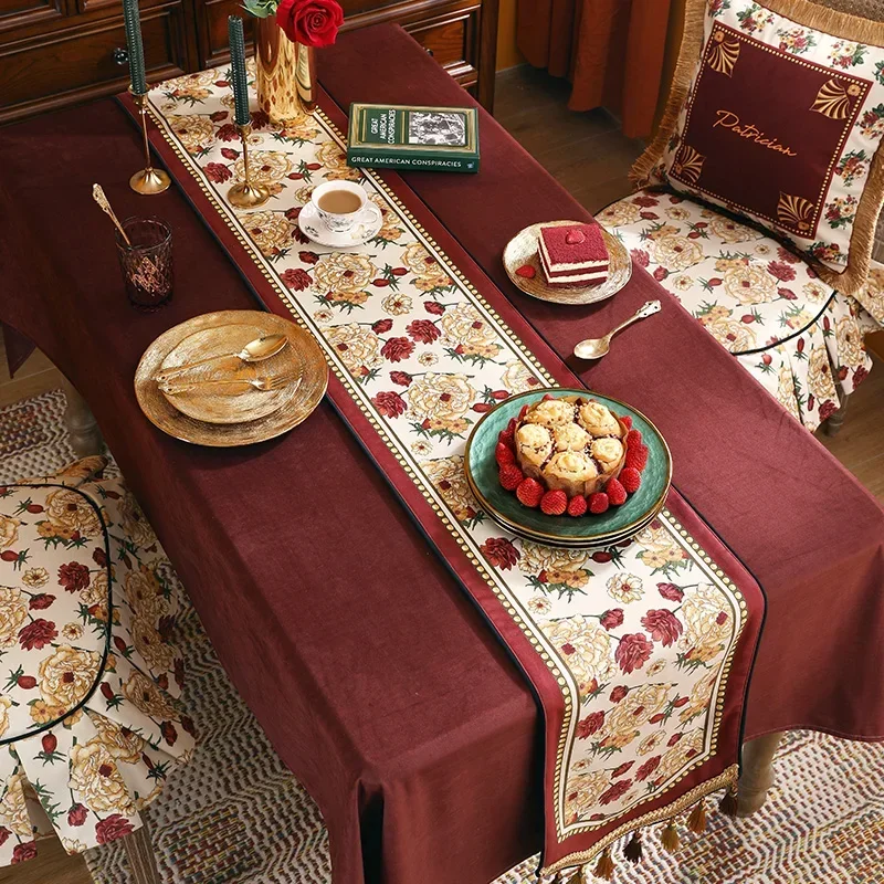 Red Velvet Table Runner Flower Print Tassel Tablecloth Home Hotel Restaurant Decorative Table Runners Holiday Cloth Decoration