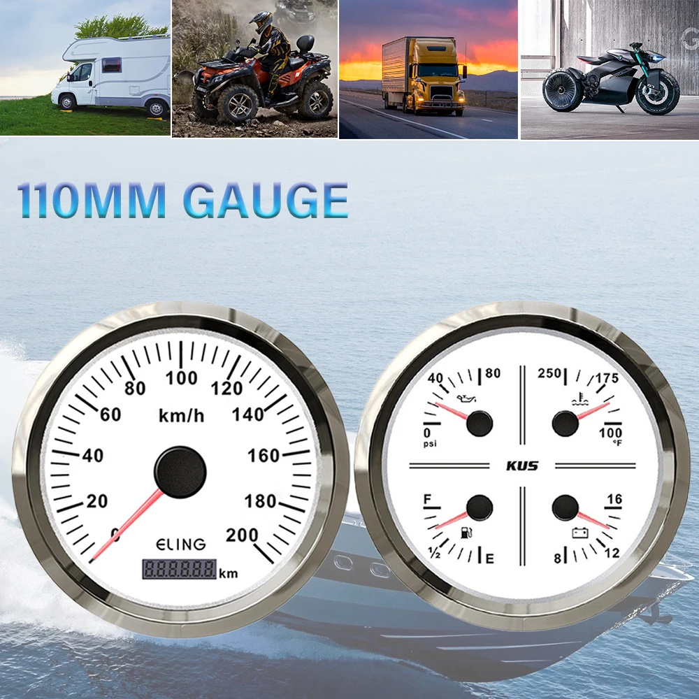 Marine 2 Gauge Set 110MM GPS Speedometer + 4 in 1 Gauge Oil Pressure Water Temp. Voltmeter Fuel Level with Red Yellow Backlight