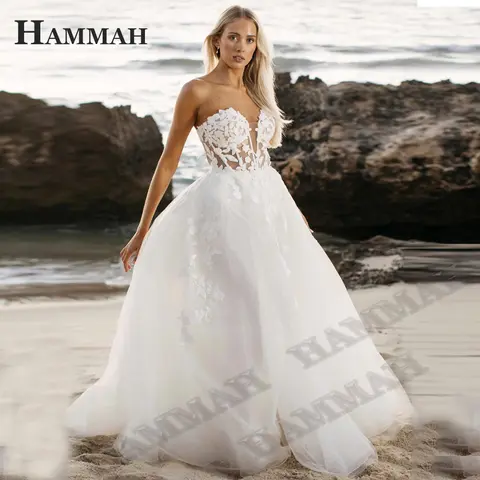 HAMMAH Attractive V Neck Wedding Dress For Brides Fashionable Appliques Slit Tulle Illusion Button Court Train Vestidos De Novia