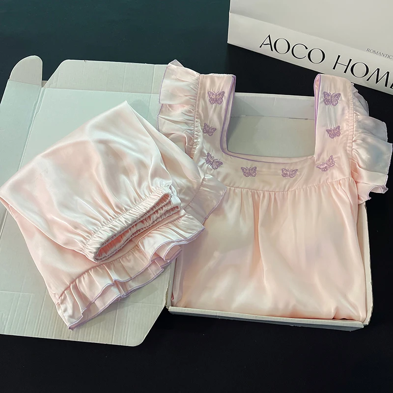 DAIMELU Pink butterfly pajamas girls new summer ice silk cool small fly sleeves sweet sexy suspender shorts loungewear