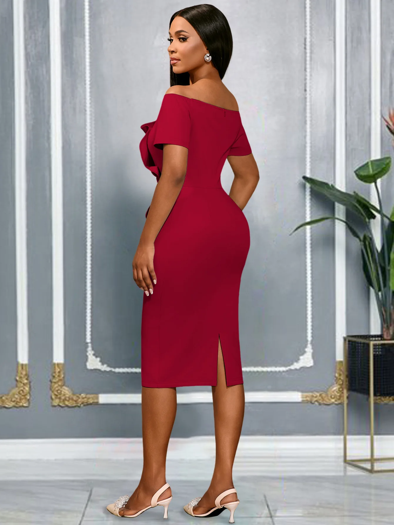 Chic Off Shoulder Three-dimensional Pleated Ruffle Slim Knee Length Party Bodycon Dress