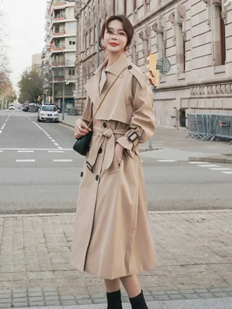 Gabardina larga de doble botonadura con cuello en V para mujer, abrigo informal ajustado de Color sólido, elegante, 2022