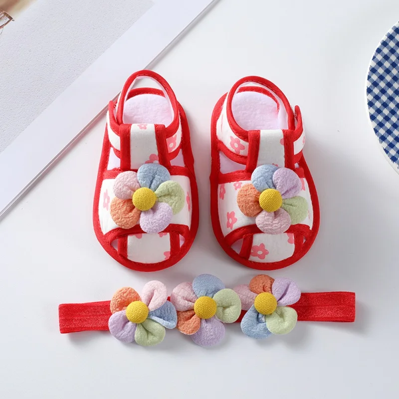 

Spring Summer Baby Girls Walking Shoes Infant Cute Flower First Walkers Soft Sole Toddlers Anti-slip Sandal Hairband Suits