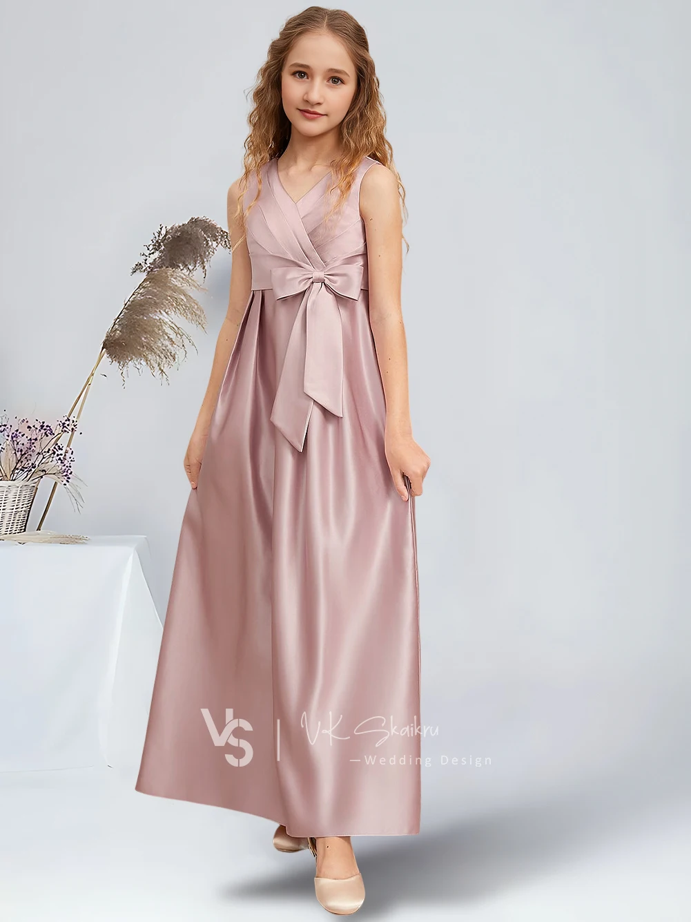 Elegant A-Line V-Neck Floor-Length Satin Junior Bridesmaid Dress with Bow Dusty Rose Charming Flower Girl Dresses Party Wedding