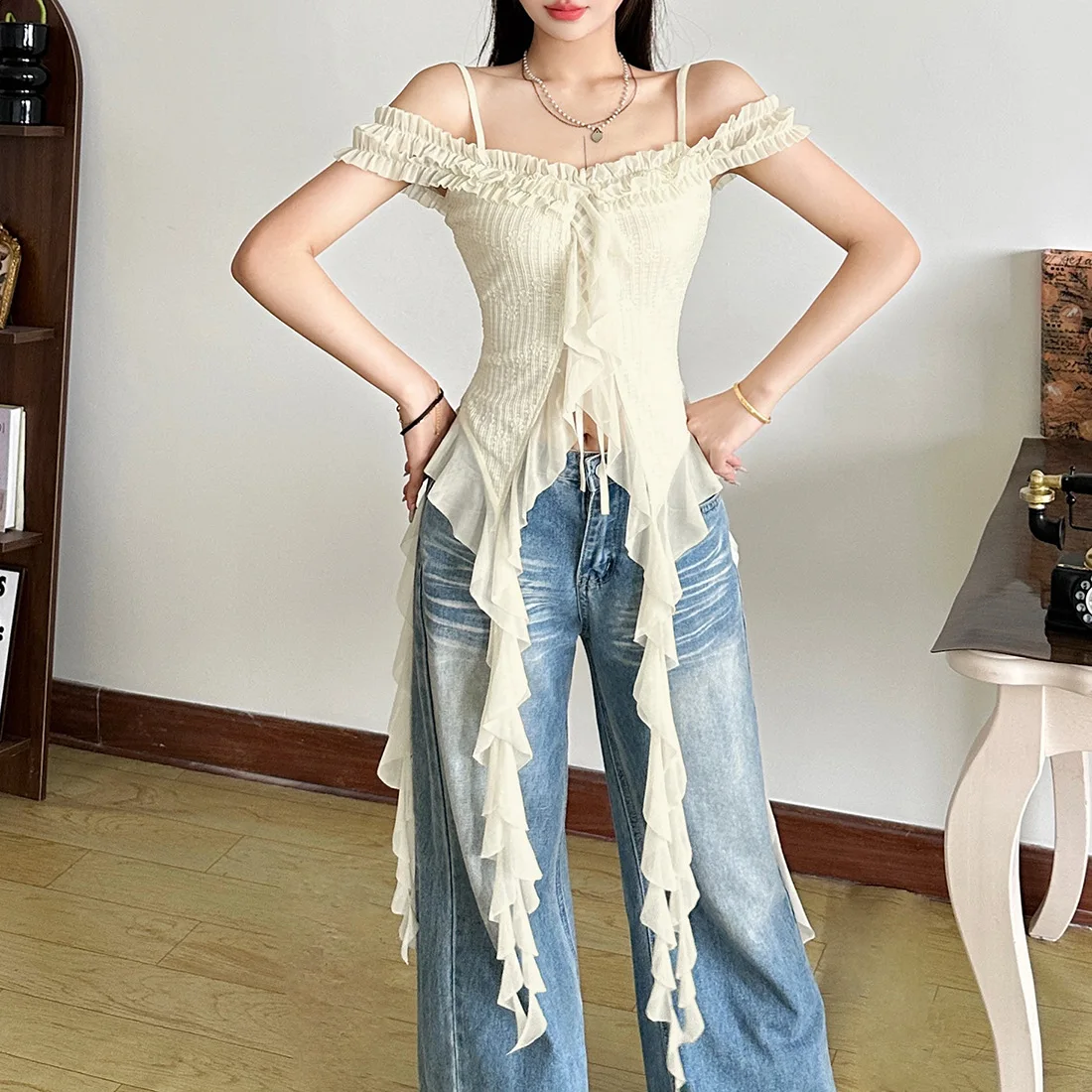 

Summer new solid color street fashion irregular ribbon slim fit temperament versatile top for women