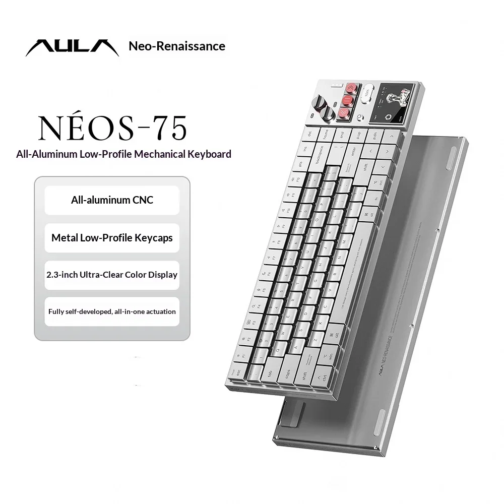 AULA NEOS75 Low Profile Mechanical Keyboard Tri-Mode Wireless Aluminum Alloy Keyboard with Display Screen Knob for Mac/Windows