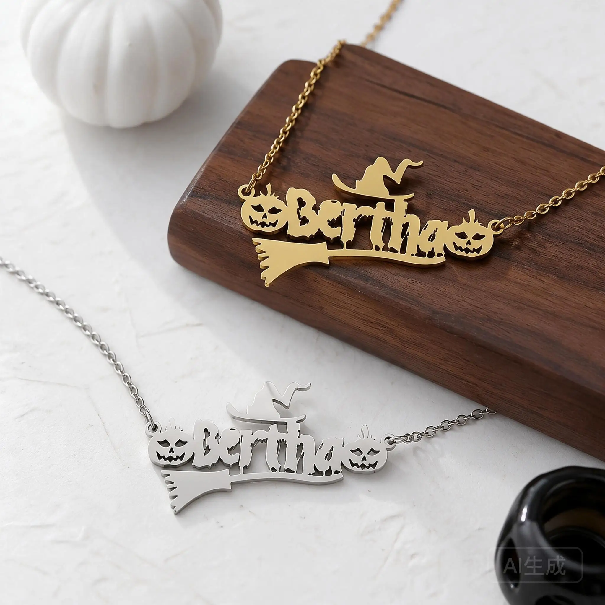 Luxury Halloween Pumpkin Witch Themed Name Necklace Stainless Steel Luxury Letter Pendant Creative Spooky Jewelry Gift For Women