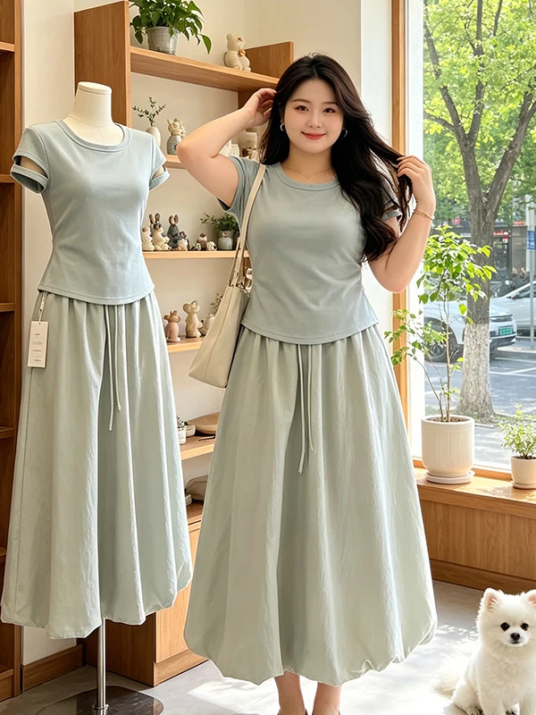 

plus Size Casual Korean Style Women's Summer New Waist-Cinching Hollow Short Sleeve T-shirt A-line Flower Bud Half-length Ski...