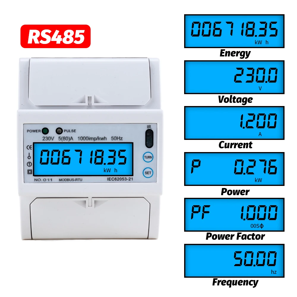 

RS485 Din Rail Electric AC 220V Single Phase Energy Meter Modbus RTU Consumption kWh Voltage Current Wattmeter Monitor 230V 50Hz