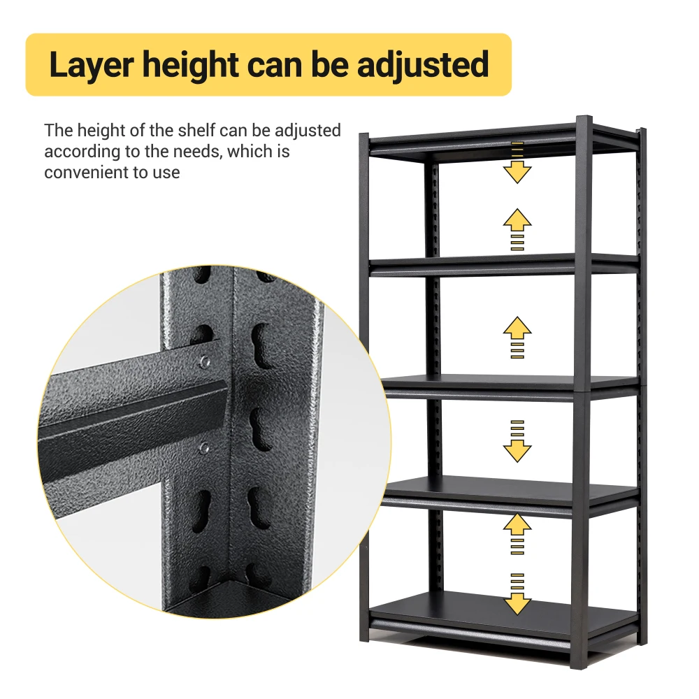 5-Tier Metal Shelves for Garage, 2000LBS Heavy Duty, Adjustable Industrial Shelving Unit, Black Storage Utility Rack.