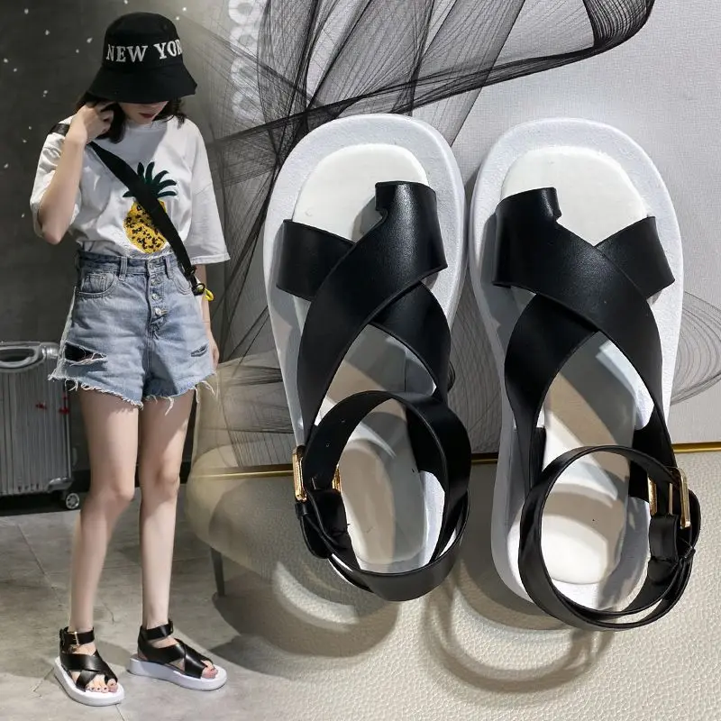 Casual Buckle Strap Women Sandals PU Leather Women Shoes 2023, Summer Clip Toe Sandals Fashion Roman Shoes Black Muffin Sandals