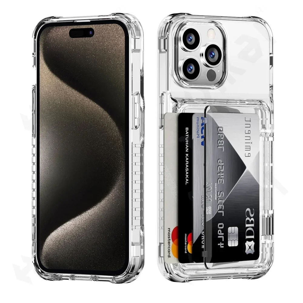 Case For iPhone 16 15 14 13 12 11 Pro Max Plus Wallet Clear Credit Card Holder Heavy Duty Shockproof Transparent Cover