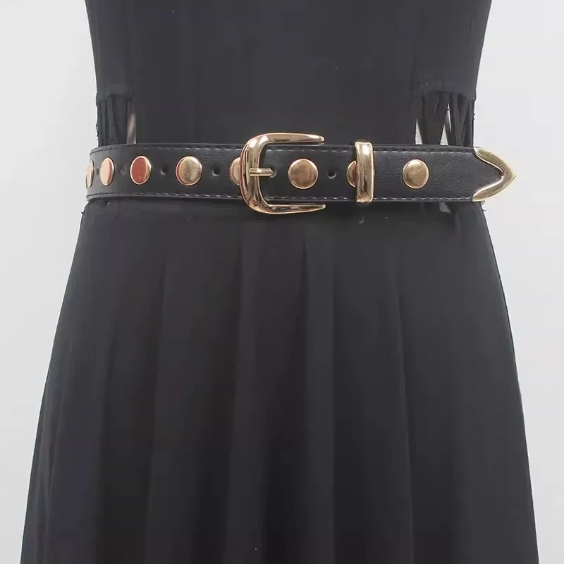 

Women's Runway PU Leather Rivet Trendy Punk cummerbunds Female Dress Corsets Waistband Belts Decoration Narrow Belt P169