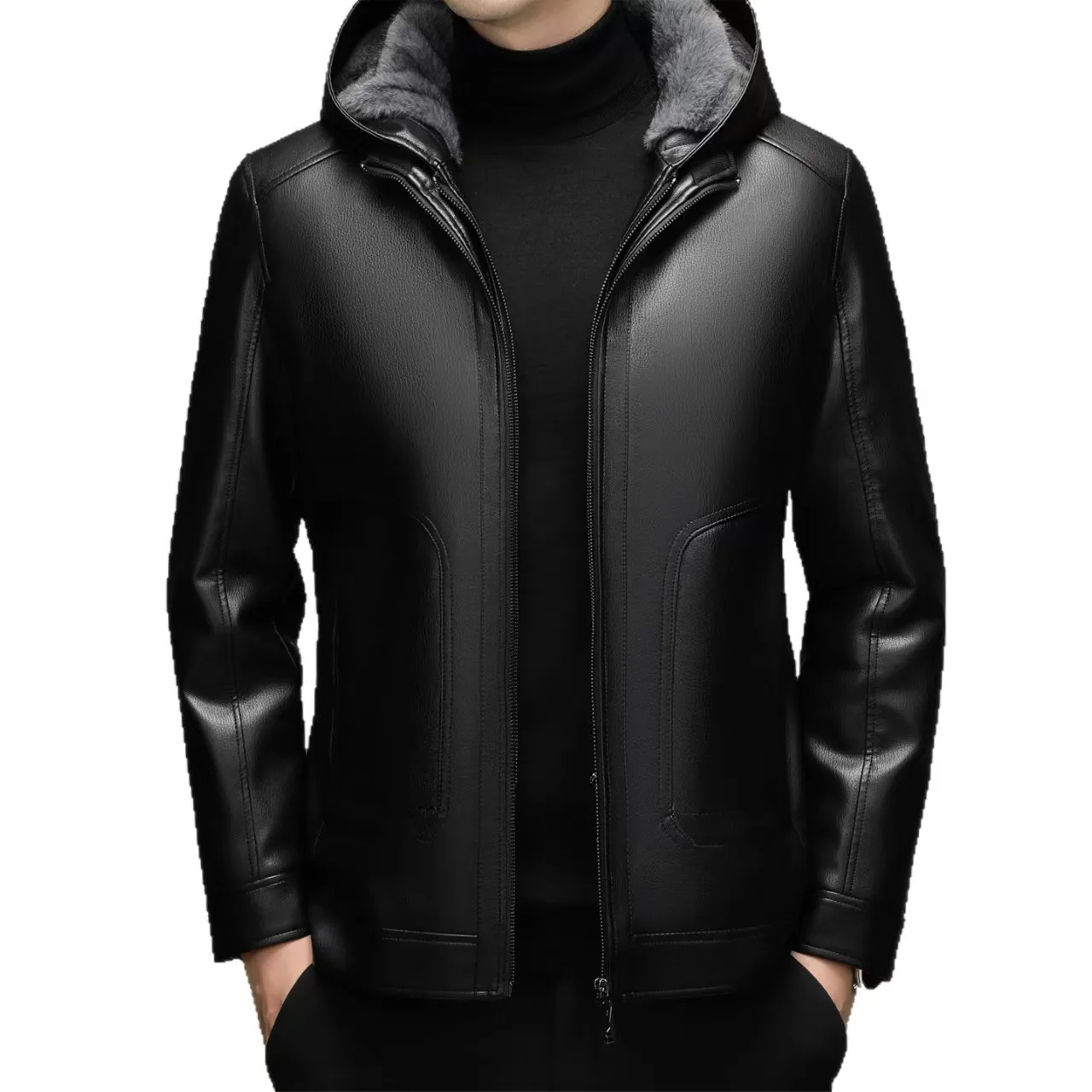 

2025 new arrival winter high quality fuax leather hooded jackets men