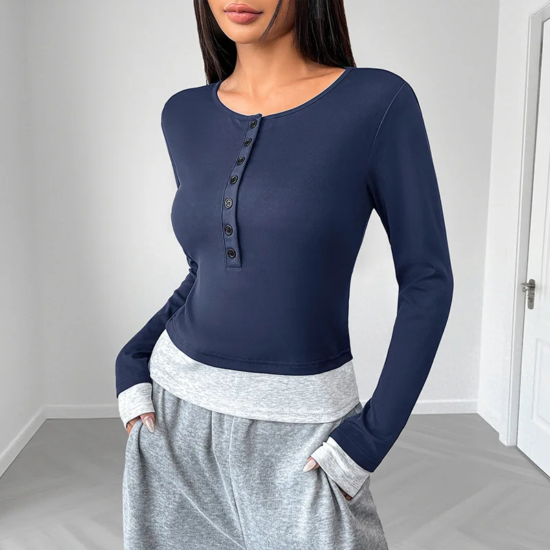 

Новая женская повседневная футболка с круглым вырезом и контрастным искусственным тонким топом из двух частей с длинными рукавами