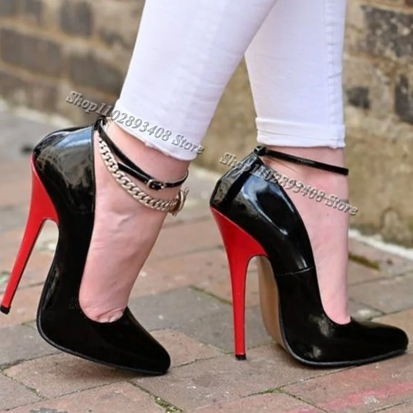 

Black Pointed Toe Sexy Stiletto Pumps Ankle Buckle Patent Leather British Style Dress Fall Women Shoes 2024 Zapatos Para Mujere