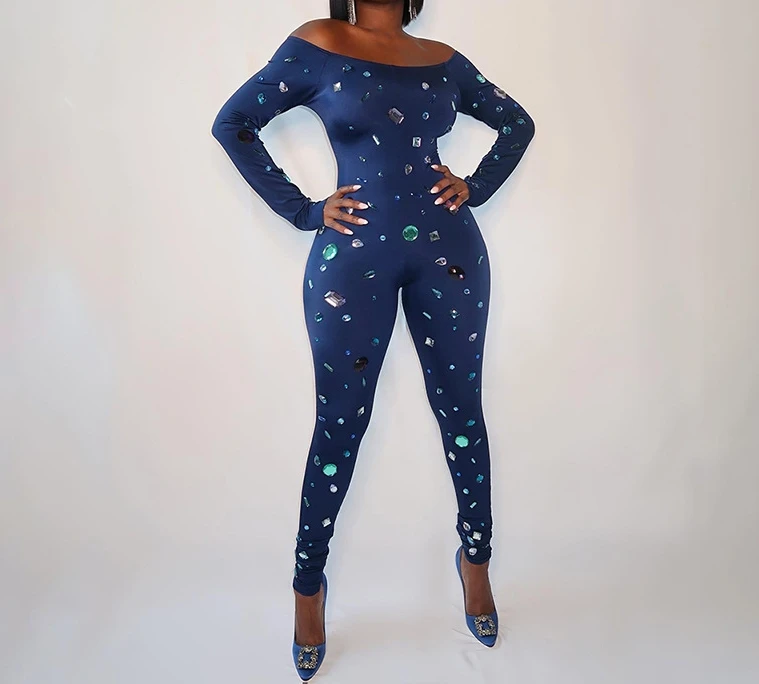 Jumpsuit Women 2024 Printed Off Shoulder Long Sleeve Stretch Tight Wrap Chest Colorful Diamonds Printed Skinny Jumpsuit Pants