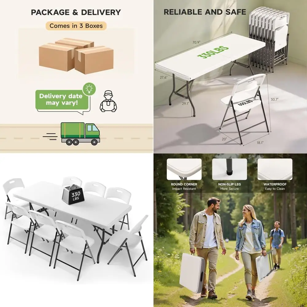 

6-Person Folding Table Set with 8 Chairs, Durable for 330 lbs Table and 600 lbs Chairs, Portable for Camping, Parties, Indoor &