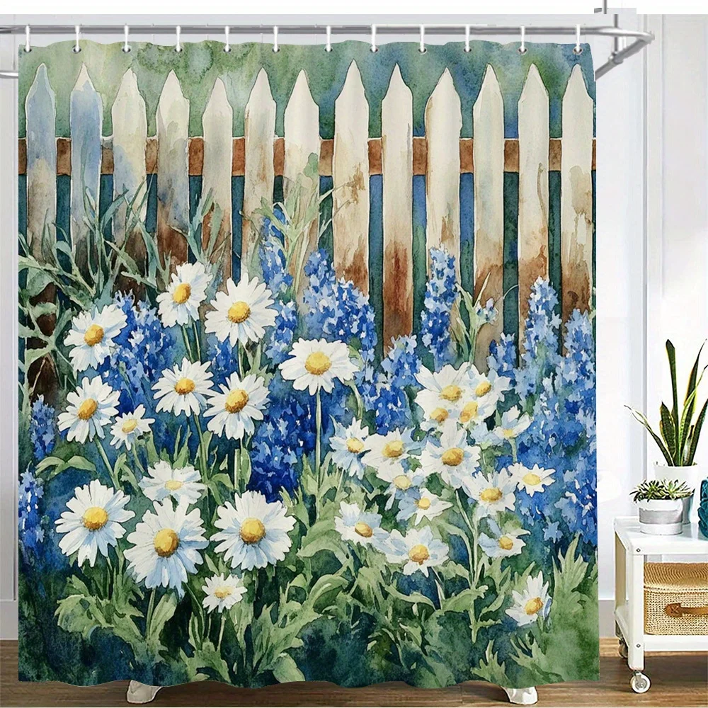 Vibrant Watercolor Garden Scene Shower Curtain with Blue and White Daisies Behind a Rustic Wooden Picket Fence