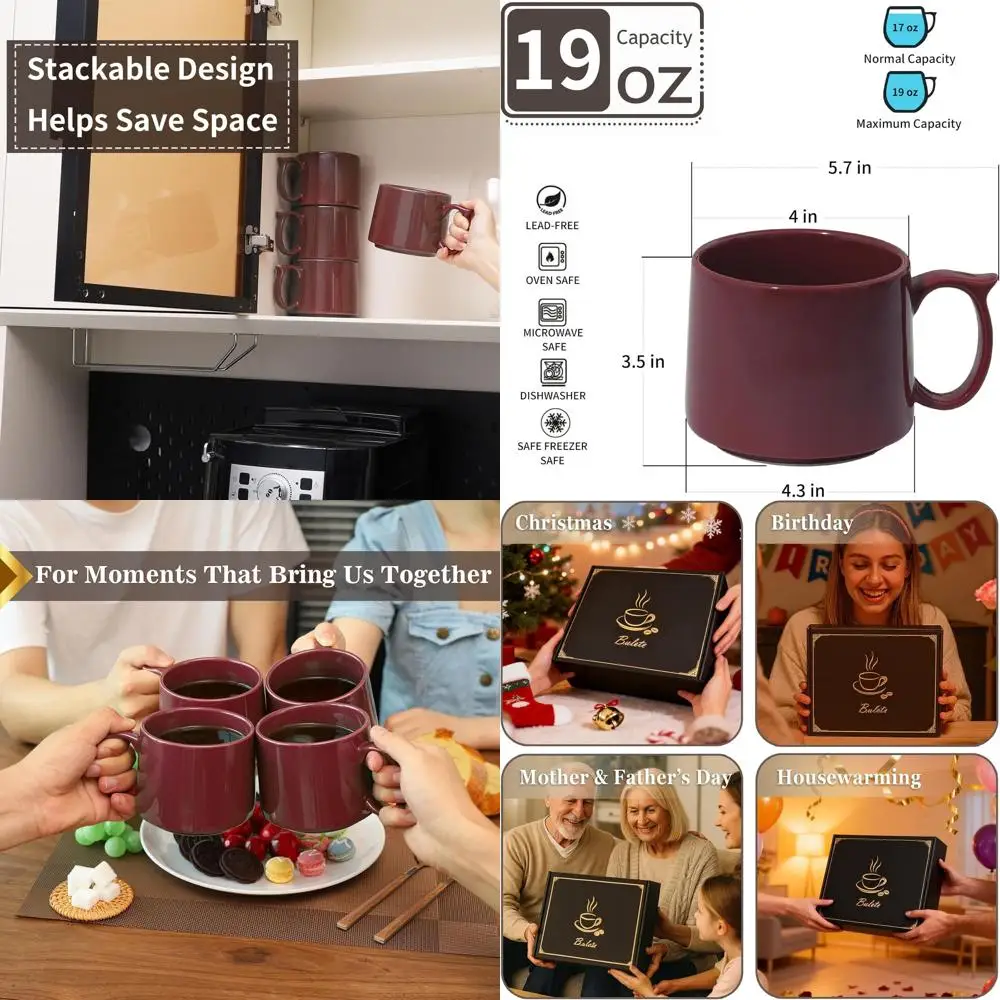 

Набор больших керамических кофейных кружек из 4 предметов, 19 унций, штабелируемых с большой ручкой, подходит для латте, капучино, молока, чая, посудомоечной машины.