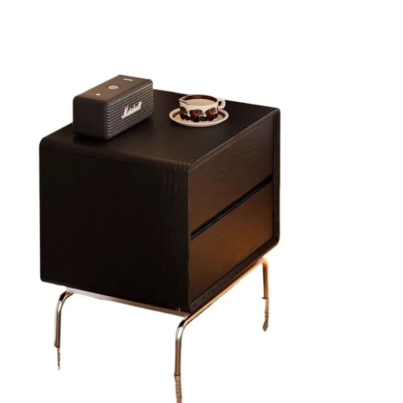 

Retro style solid wood bedside table Small simple modern storage Light luxury bedroom Stainless steel storage cabinet