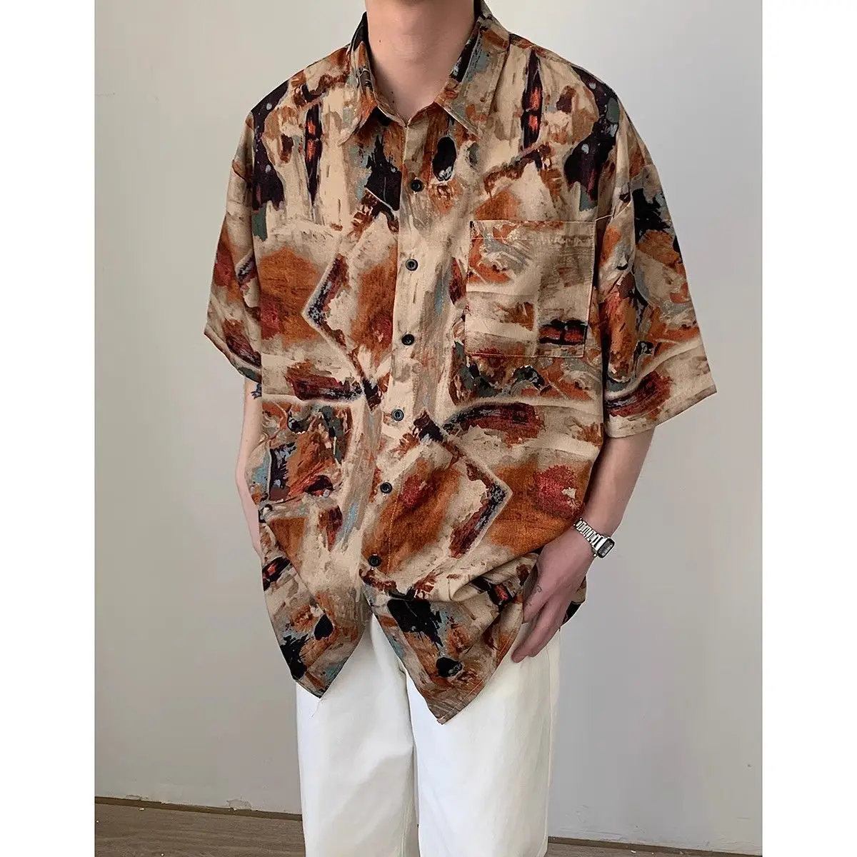 Retro flower short-sleeved shirt men's summer thin American trendy brand handsome loose casual three-quarter sleeve shirt tops