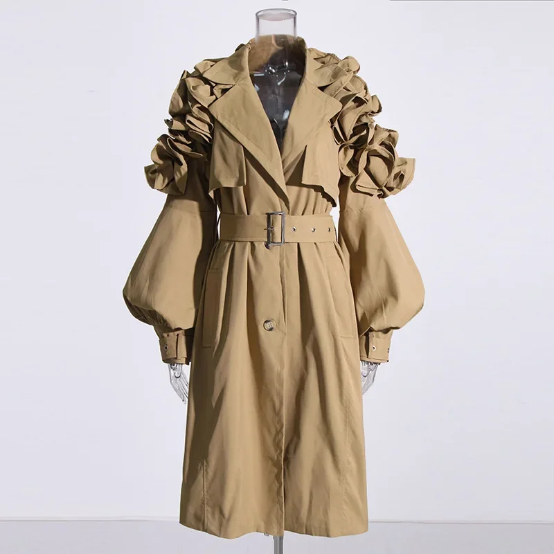 Commuting Style Mid-length Windbreaker 2024 Lapel Long Sleeve Ruffle Stitching Slim Fit Over-the-knee Coat for Women