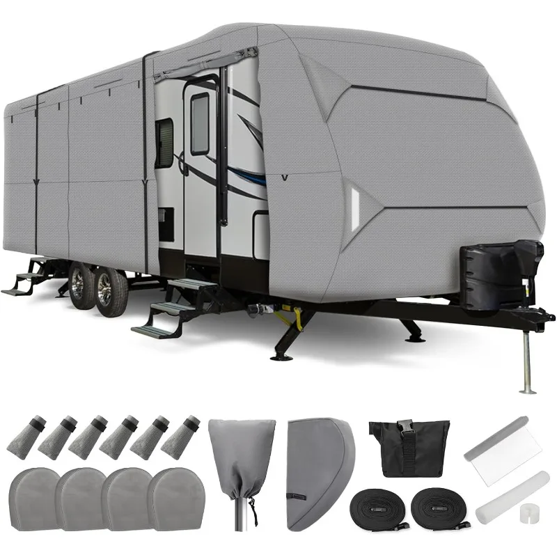 Travel Trailer RV Cover Windproof Extra Thick Upgraded 5 Layers Camper Cover with Adhesive Repair Patches