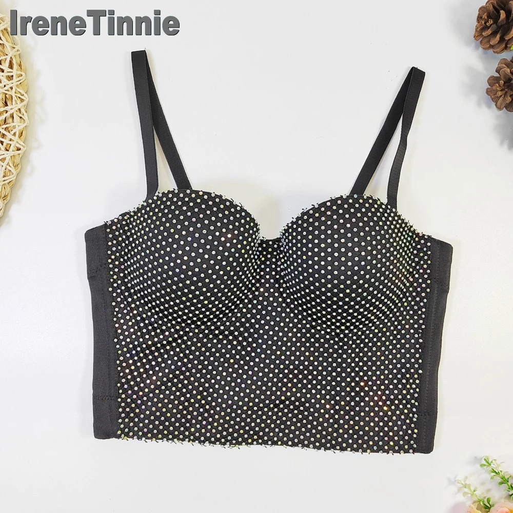 IRENE TINNIE Femme Corset Crop Tank Tops With Built In Bras Camisoles Elegant Spaghetti Strap Women Sexy Diamond Grid Spliced