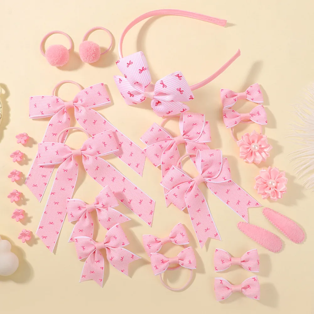 

25Pcs/Set Pink Ribbon Butterfly Bows Hair Accessories Set for Kids Girls Cheer Bowknot Clips Hair Rope Boutique Kids Headband