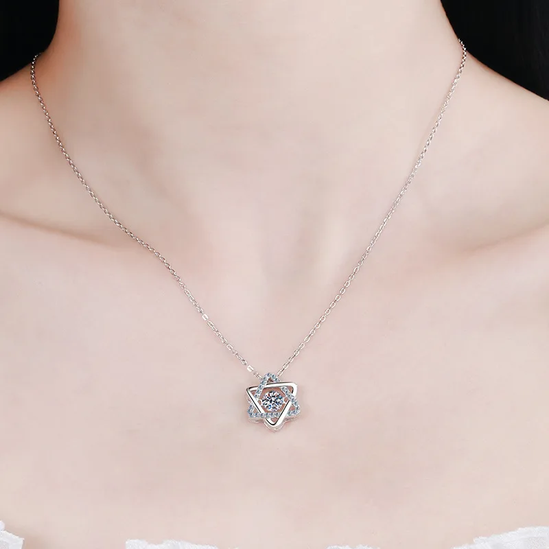 925 Sterling Silver Fashion Six Pointed Star Beating Heart Crystal Pendant Necklace for Women Luxury Hexagram Collar Jewelry