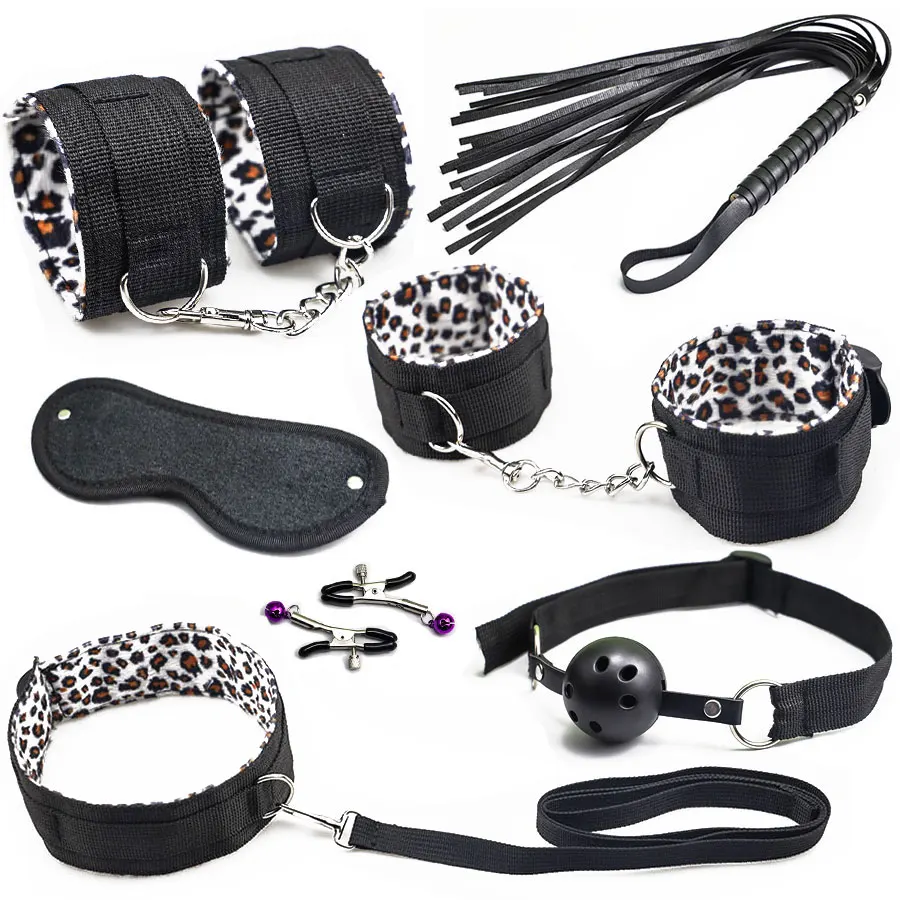 

7 pcs/set BDSM Bondage Fetish Restraint Kit Leopard Print Nylon Anklet Handcuffs Whip Collar Gag Mask Adult Sex Toys for Couple