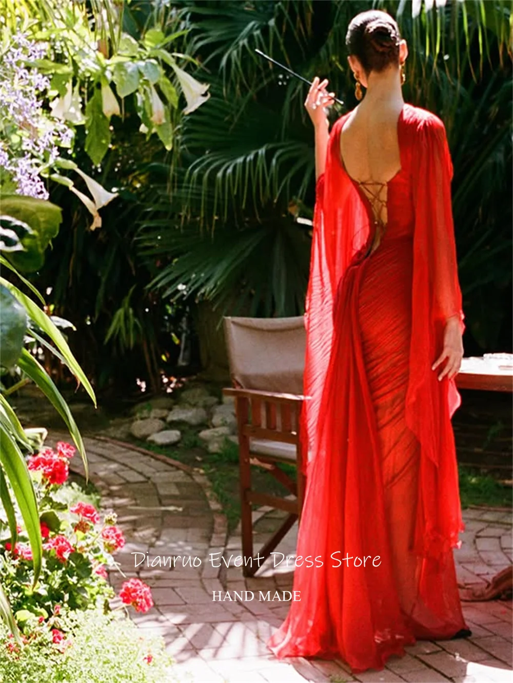 فساتين سهرة Dianruo نابضة بالحياة ورقبة على شكل V عميقة بدون ظهر فساتين أعياد الميلاد فساتين شيفون للمناسبات الخاصة حسب الطلب