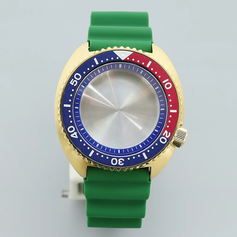 Funda de reloj 009 dorada, correa de goma verde, zafiro, compatible con atún, Tortuga, Seiko, NH35, NH36/38, movimiento, anillo de sección azul, esfera de 28,5mm