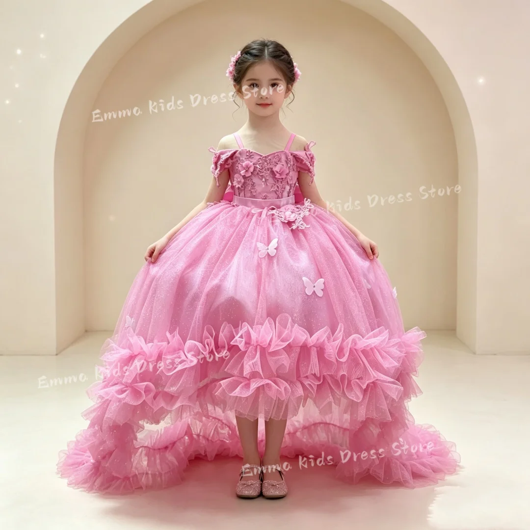 Customized Pink Flower Girl Dress   Floral Appliques Wedding With Bow Trailing ForBirthday Party Pageant Banquet Princess Gown