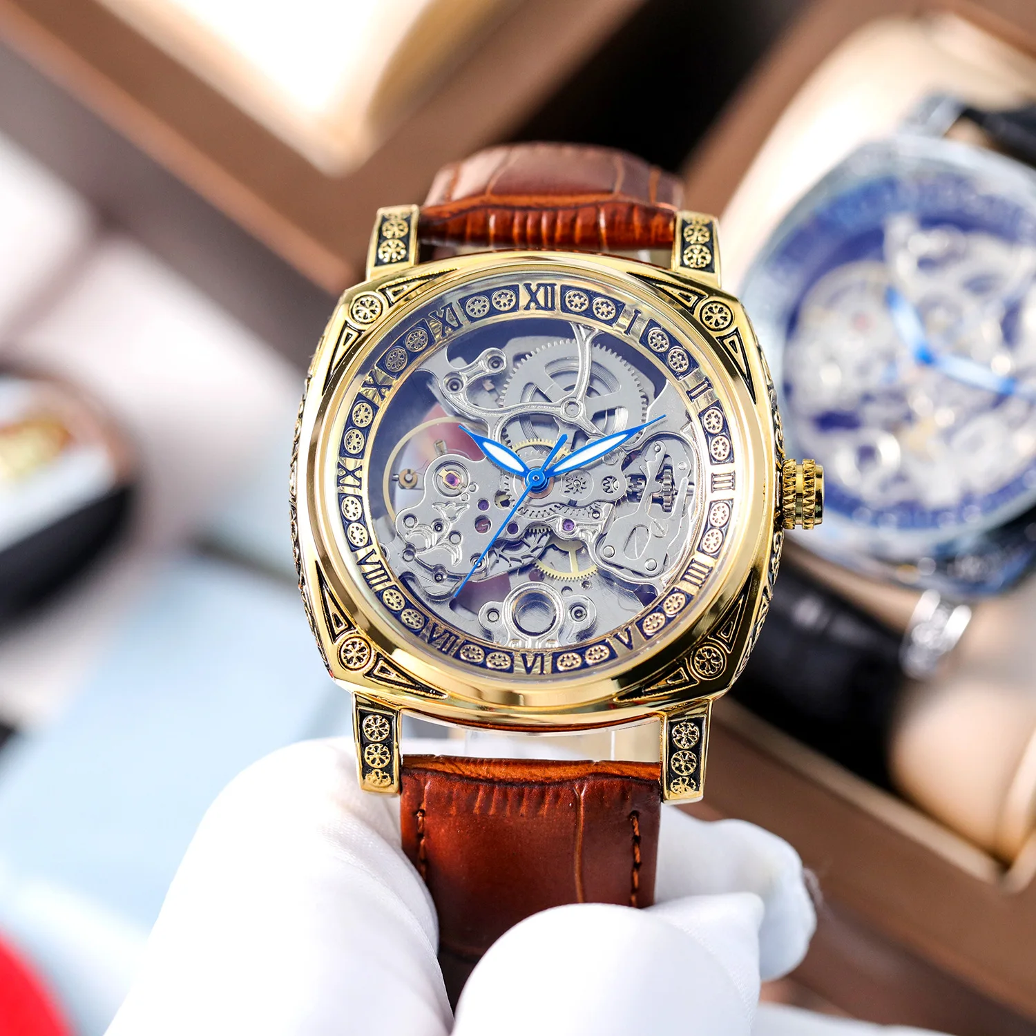 Stainless Steel New Square Full Skeleton Luminous Waterproof Self-Wind Automatic Mechanical Watch for Men