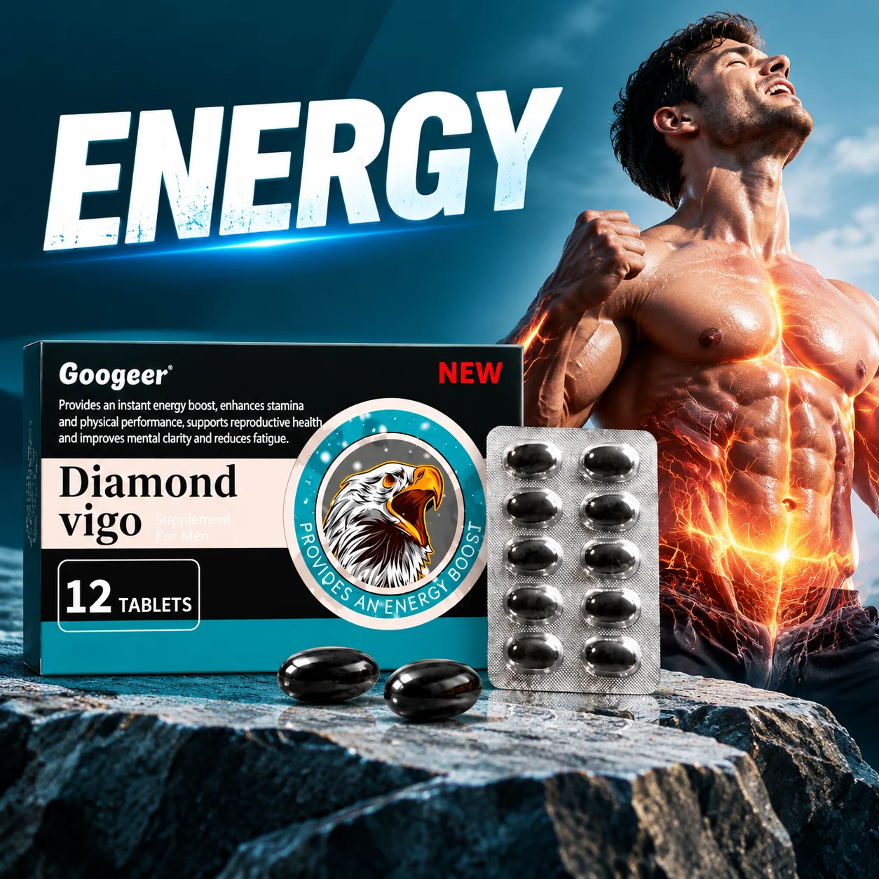 Diamond Vigo Tablets, Men Energy Boost,Stamina,Physical Performance & Mental Focus Support,Chinese Medicine Extract,12 Pills