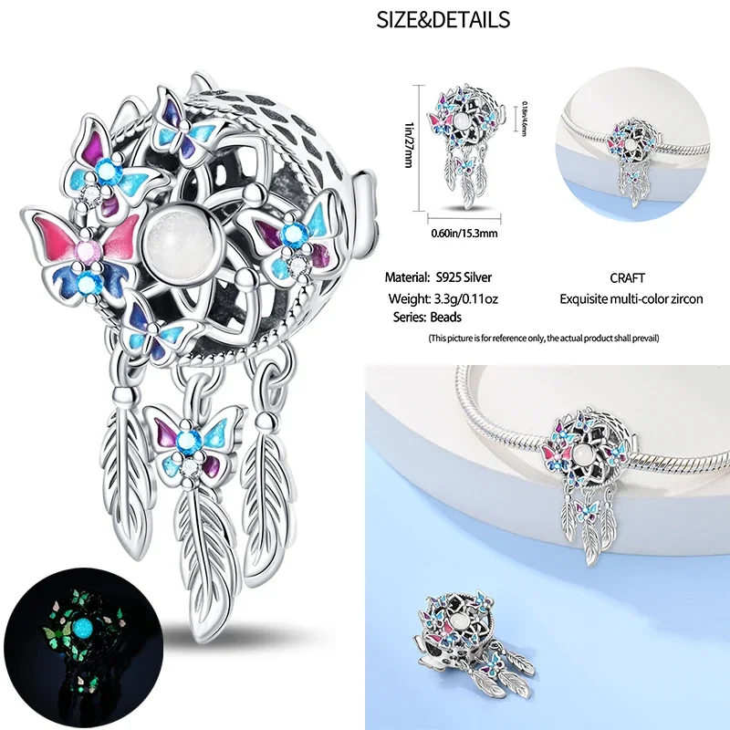 S925 Sterling Silver Pendant Beads para As Mulheres, Dream Catcher, Flor, Borboleta, Se Encaixa Pulseira Original, DIY Charme, Jóias, Presente Da Moda