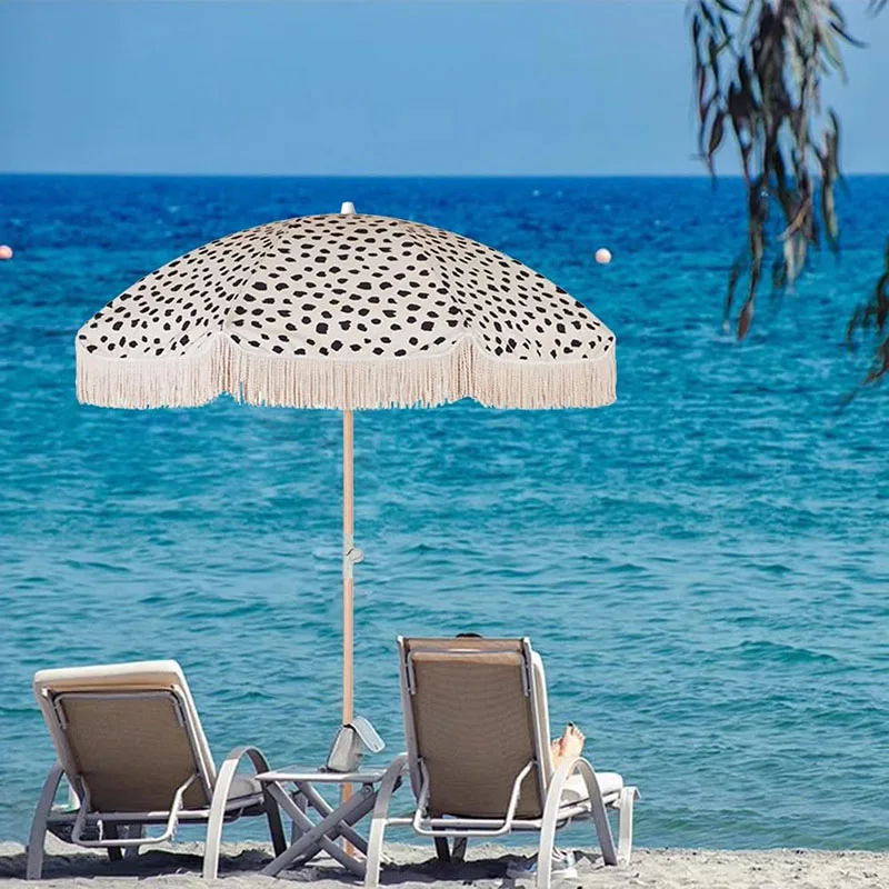 Best Price Aluminum Beach Chair Parasol Umbrella With Wooden Pole Fringed Beach Adjustment Cotton Tassels Outdoor